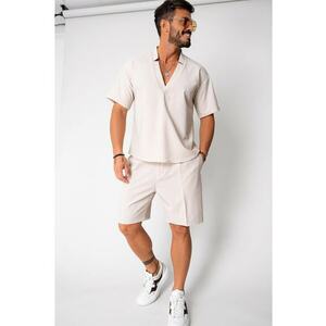 Set Como bluza V-cut si pantaloni scurti Cream 16750 imagine