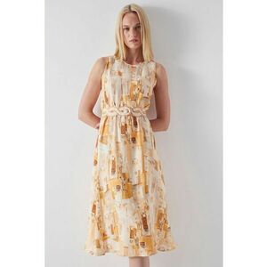 Rochie din amestec de in - cu imprimeu si decolteu rotund imagine