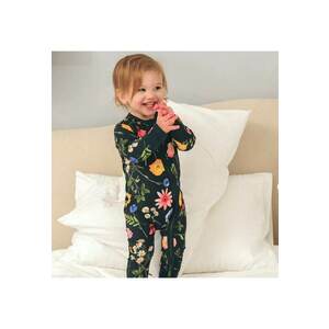 Pijamale lungi din bambus cu fermoar reversibil - - WildFlower - Verde Inchis - pentru fetite imagine