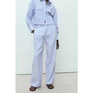 Pantaloni din amestec de in cu model in dungi si croiala dreapta imagine