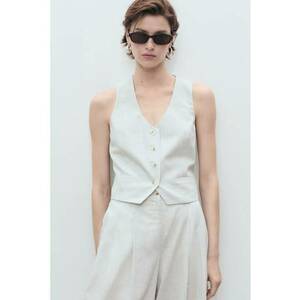 Vesta crop din amestec de in cu buzunare cu refilet imagine