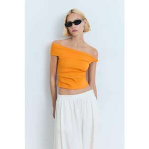 Top crop din amestec de in cu decolteu pe un umar imagine