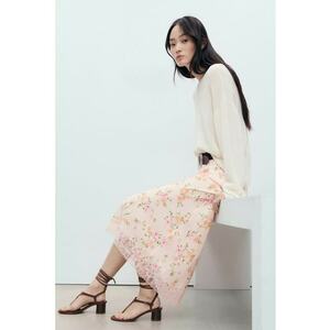 Fusta cu model floral si terminatie de dantela Bias imagine