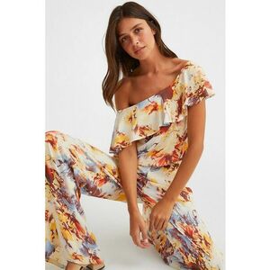 Bluza cu model abstract si decolteu pe un umar - cu garnitura cu volane imagine