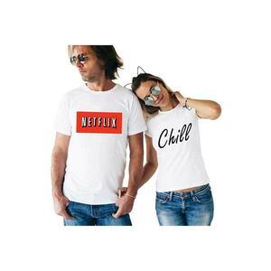 Set doua tricouri albe pentru cupluri - Netflix & Chill imagine