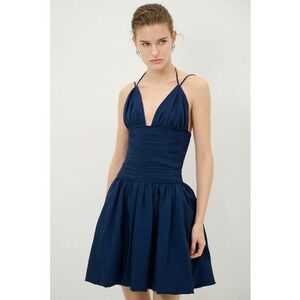 Rochie evazata din amestec de in cu pliuri si bretele ajustabile imagine