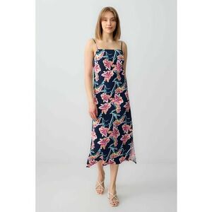 Rochie midi din amestec de in cu model floral si slit lateral imagine