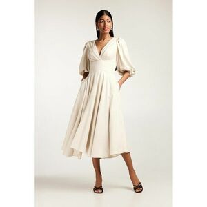 Rochie midi cu croiala in A - din amestec de bambuc - cu maneci bufante imagine