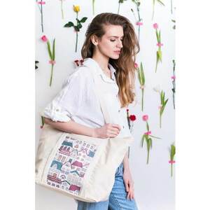 Geanta dama Shopper - bej - dimensiune unica - foarte incapatoare - cu un motiv grafic imagine