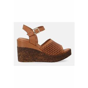Sandale wedge de piele cu aspect ajurat si catarama imagine