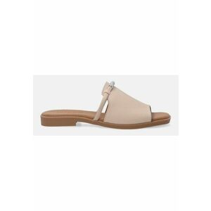 Papuci de dama din piele bej cu decor de cristal - imagine