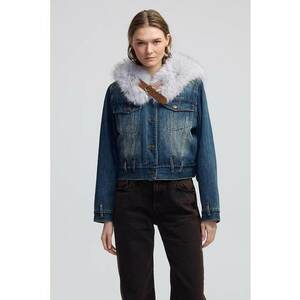 Jacheta crop din denim cu guler de blana sintetica imagine