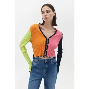 Cardigan crop cu model colorblock si decolteu in V imagine