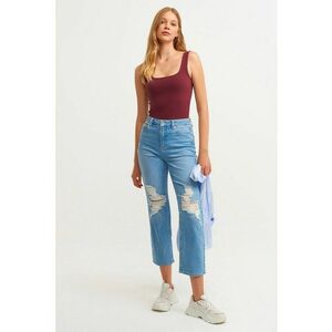 Blugi drepti crop cu aspect deteriorat imagine