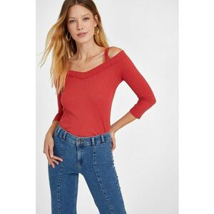 Pulover slim fit cu decolteu pe umeri si maneci 3/4 imagine