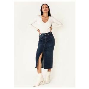 Fusta albastru inchis de denim cu slit frontal P215 M10 17921 imagine