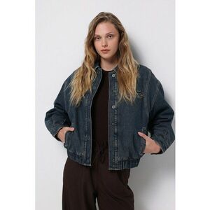 Jacheta din denim cu talie elastica si capse imagine