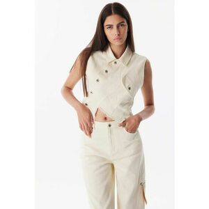 Jacheta crop din denim fara maneci cu terminatie asimetrica imagine