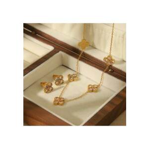 Set colier si cercei - auriu - din otel inoxidabil - suflat cu aur 18k - cu trifoi si pietre din zirconiu - Helmina C3 imagine