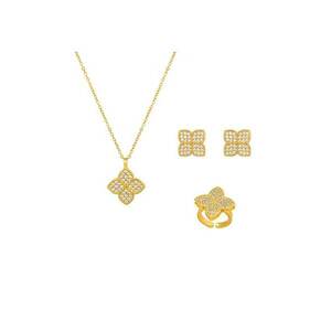 Set colier si cercei si inel - din otel inoxidabil - suflat cu aur 18k - forma de trifoi - cu pietre din zirconiu - Heiko C3 imagine