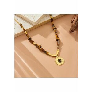 Colier auriu - din otel inoxidabil - cu margelute maro si pandantiv rotund - suflat cu aur 18k - Bryana C11 imagine