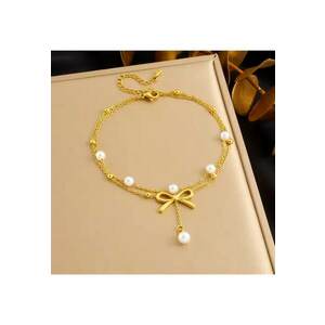 Bratara de picior - aurie - din otel inoxidabil - suflata cu aur 18k - cu fundita si perlute - Ada C4 imagine