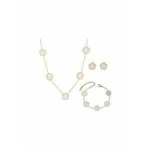 Set colier - bratara si cercei - auriu - din otel inoxidabil - cu floricele albe - Aarni C16 imagine