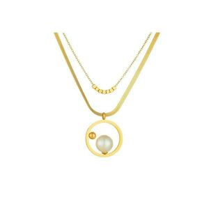 Colier auriu - din otel inoxidabil - in 2 straturi - cu pandantiv rotund contemporan si perlute - suflat cu aur 18k - Carla C11 imagine
