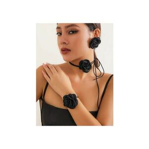 Set colier choker - bratara si cercei - negru - cu flori - Jouko C19 imagine