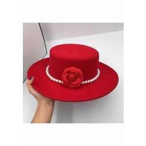 Palarie dama - rosie - cu bor lat - stil canotiera - handmade - cu accesoriu detasabil din perle - Grimkel imagine