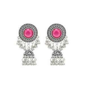 Cercei argintii - stil indian - cu clopotei si pietre roz - Pede C14 - imagine