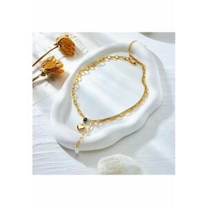 Colier auriu - din otel inoxidabil - cu pandantiv inimioara si perluta - suflat cu aur 18k - Bessie C11 imagine