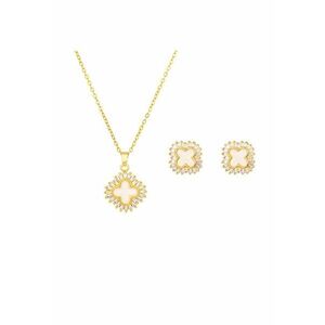 Set colier si cercei - auriu - din otel inoxidabil - suflat cu aur 18k - forma de trifoi cu pietre din zirconiu - Helgie C3 imagine
