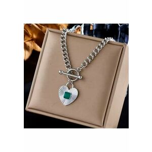 Colier argintiu - din otel inoxidabil - cu pandantiv inima si piatra verde - suflat cu aur 18k - Tyge C2 imagine