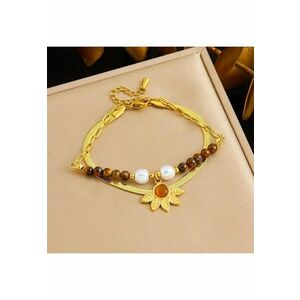 Bratara aurie - din otel inoxidabil - suflata cu aur 18k - cu margelute maro si perle - Emerik C3 imagine