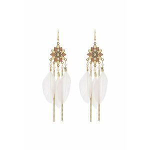 Cercei aurii - stil hippie - cu pene albe si pietre - Kara C34 - imagine