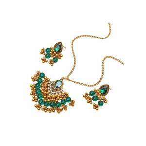 Set colier si cercei - auriu - stil indian - cu pietre si margelute verzi - Yulia C12 - imagine