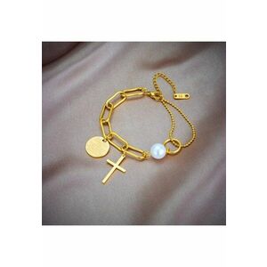 Bratara aurie - din otel inoxidabil - suflata cu aur 18k - cu perla si cruciulita - Elvia C3 imagine
