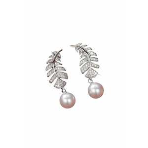 Cercei argintii - forma de pana - cu pietre din zirconiu si perle - Nava C15 - imagine