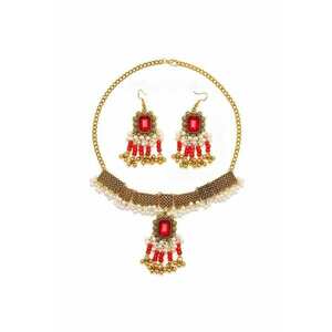 Set colier si cercei - auriu - stil indian - cu pietre rosii si perle - Liana C15 - imagine