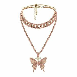 Colier in 2 straturi - auriu - cu pietre roz si fluture - Rosel C14 - imagine