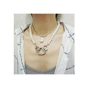 Colier in 2 straturi - cu perle si inimioare - argintiu - Line C2 imagine