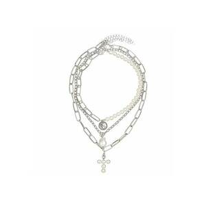 Colier in 3 straturi - cu perle si cruciulita - argintiu - Linetth C3 - imagine