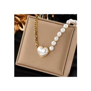 Colier auriu - din otel inoxidabil - cu perle si pandantiv inima - suflat cu aur 18k - Throtti C2 imagine