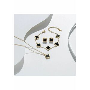 Set colier - cercei si bratara - auriu - din otel inoxidabil - suflat cu aur 18k - cu trifoi negru - Ilyas C4 imagine