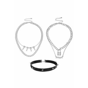 Set 3 coliere - argintii - cu tinte si lacat - Roselind C13 - imagine