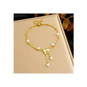 Bratara de picior - aurie - din otel inoxidabil - suflata cu aur 18k - cu perlute si fundita - Aaliyah C4 imagine