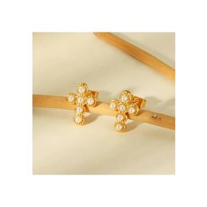 Cercei aurii - din otel inoxidabil - forma de cruciulita - cu perlute - suflati cu aur 18k - Frigga C1 imagine