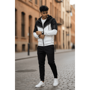 Trening barbati slim fit negru cu alb Pantaloni + Hanorac RM08 i4-4.1 imagine