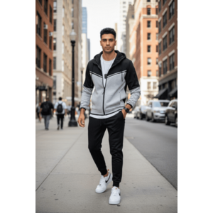 Trening barbati slim fit negru cu gri Pantaloni + Hanorac RM08 75-4 imagine